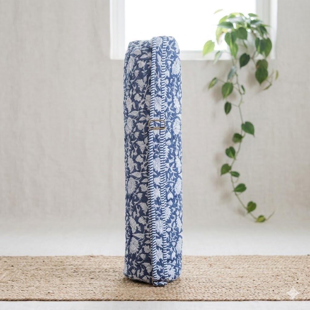 Quilted Cotton Yoga Mat Bag, Block Print Boho Gym Tote, Pilates Carrier