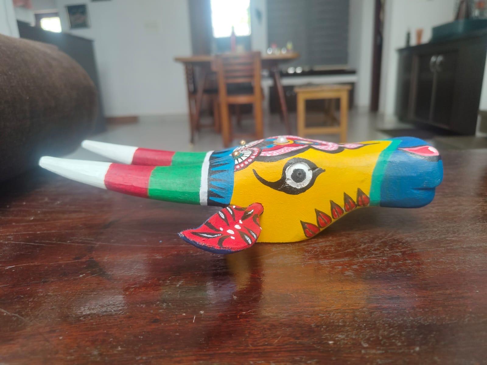 Mango Wood Bull Head Mask, Yellow & Red Indian Art Wall Hanging