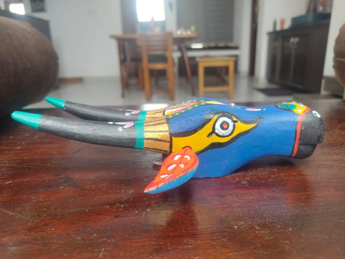 Mango Wood Bull Head Mask, Blue & Green Indian Art Wall Hanging