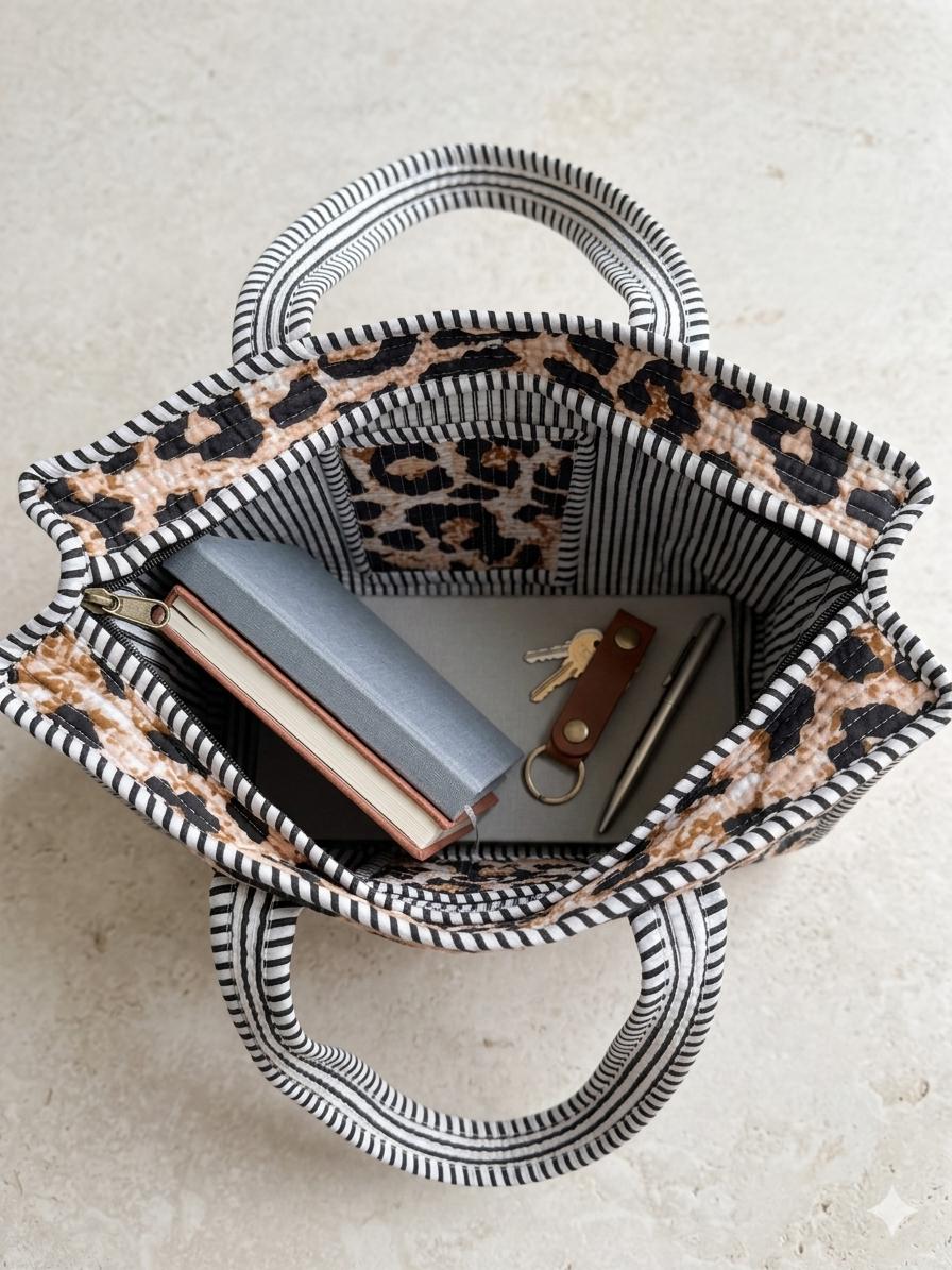 Quilted Cotton Leopard Print Mini Tote Bag, Boho Shoulder Travel Bag