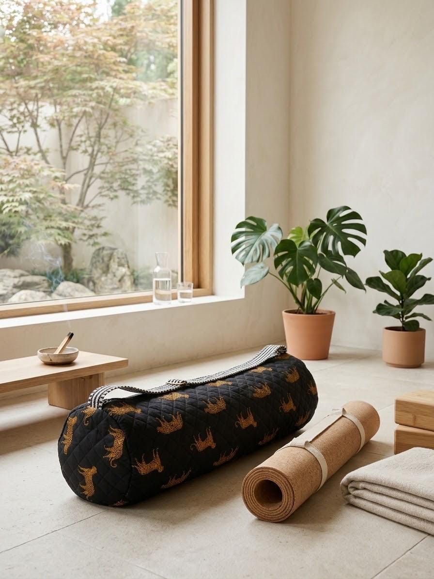 Quilted Cheetah Print Yoga Mat Bag, Boho Gym Tote, Pilates Carrier