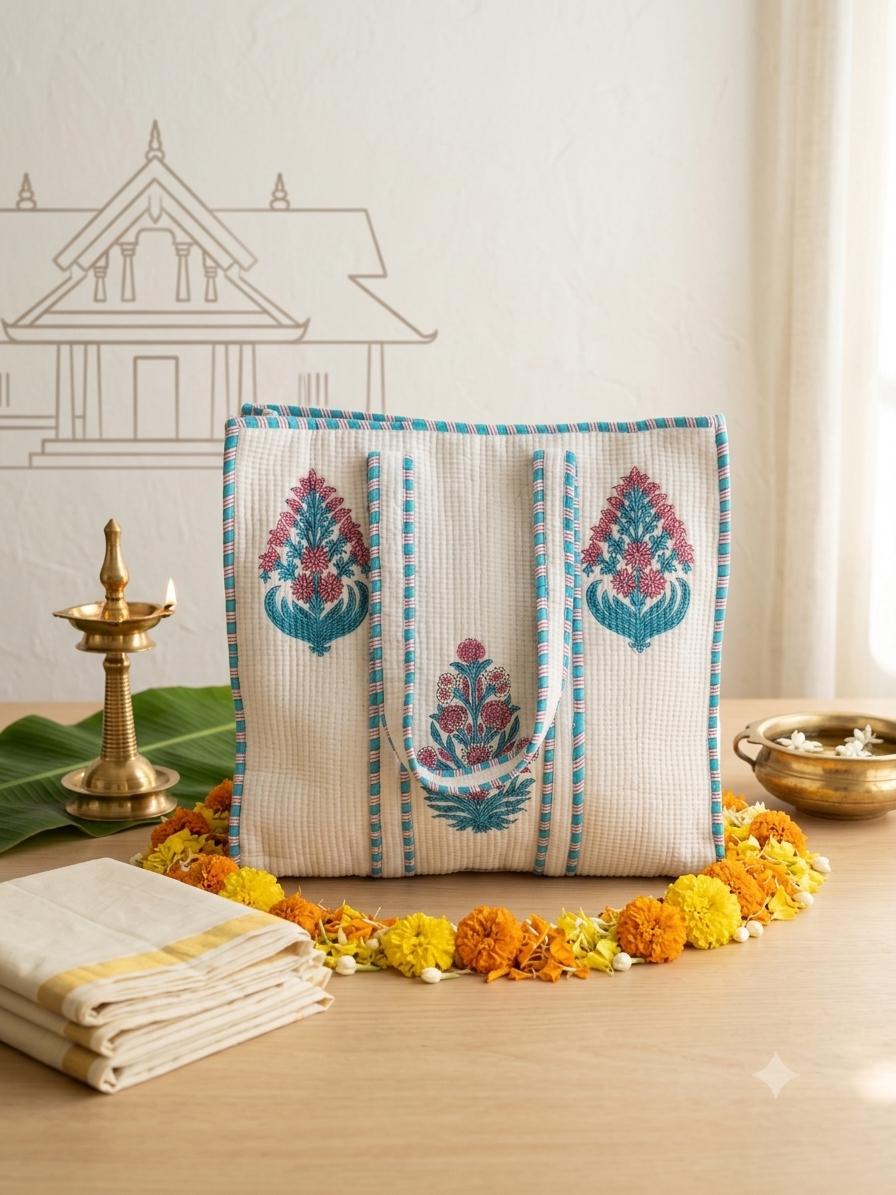 Handblock Printed Quilted Cotton Tote Bag | Onam Gift  Bag