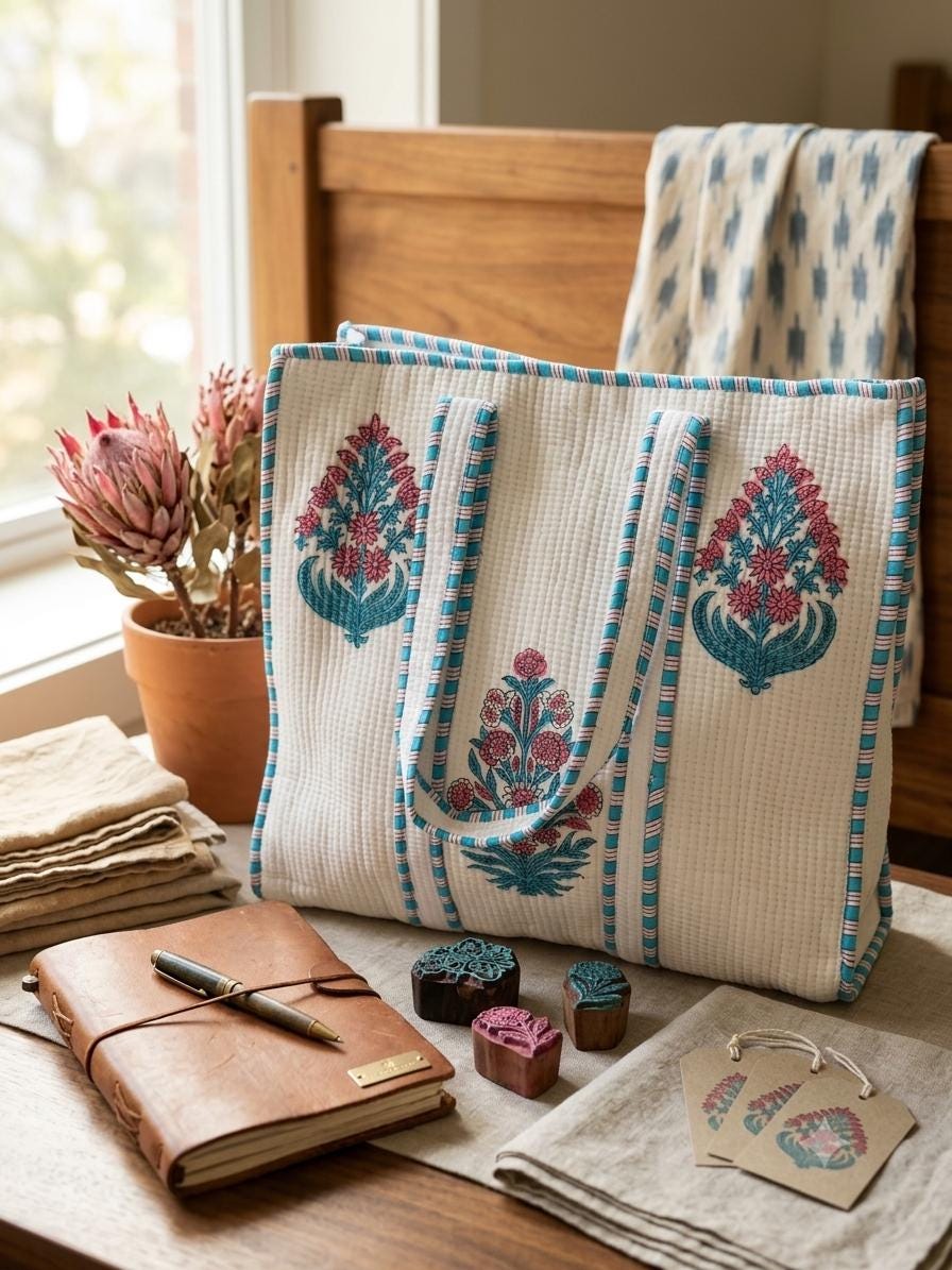 Handblock Printed Quilted Cotton Tote Bag | Onam Gift  Bag