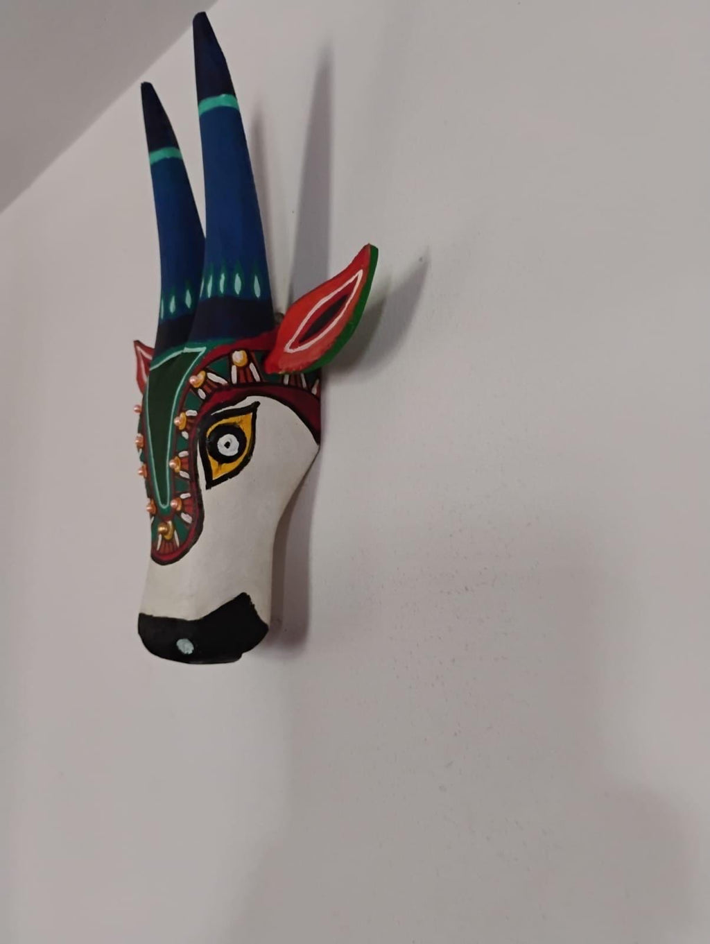 Mango Wood Bull Head Mask, White & Blue Indian Art Wall Hanging
