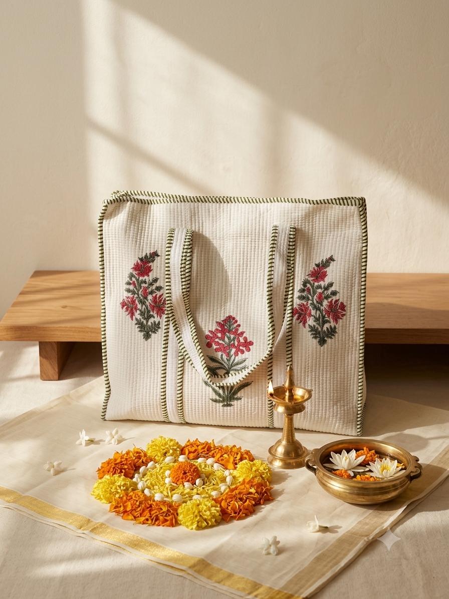 Handblock Printed Quilted Cotton Tote Bag | Onam Gift  Bag