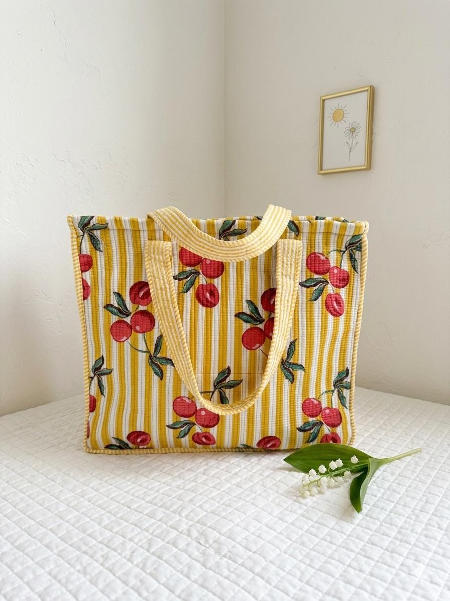 Quilted Cherry Tote Bag, Yellow Stripe, Cottage Core Shoulder Travel Bag
