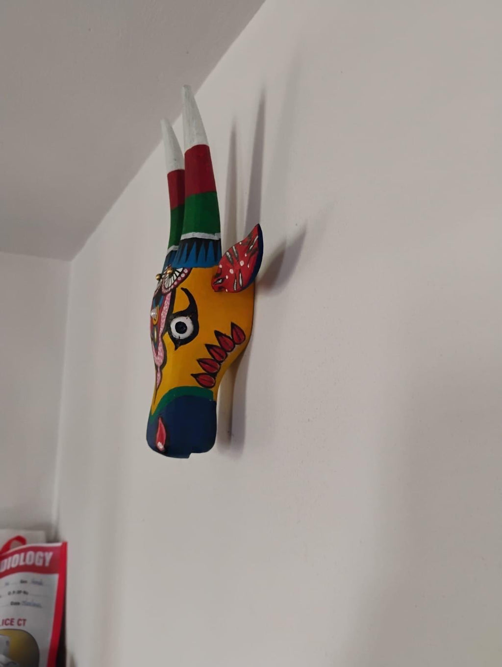 Mango Wood Bull Head Mask, Yellow & Red Indian Art Wall Hanging