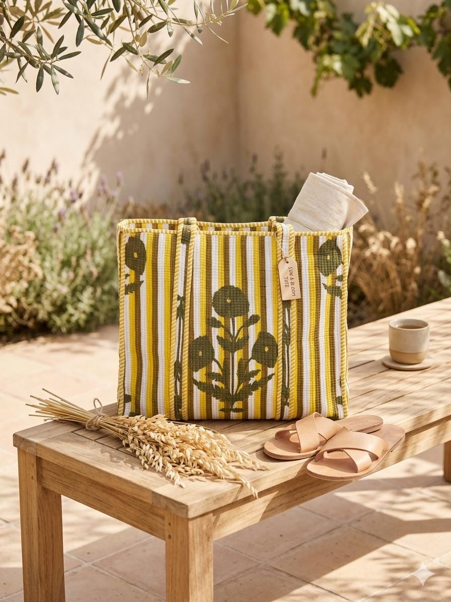 Sun & Bloom Tote — Yellow Stripe Floral Market Bag | 18” x 18”