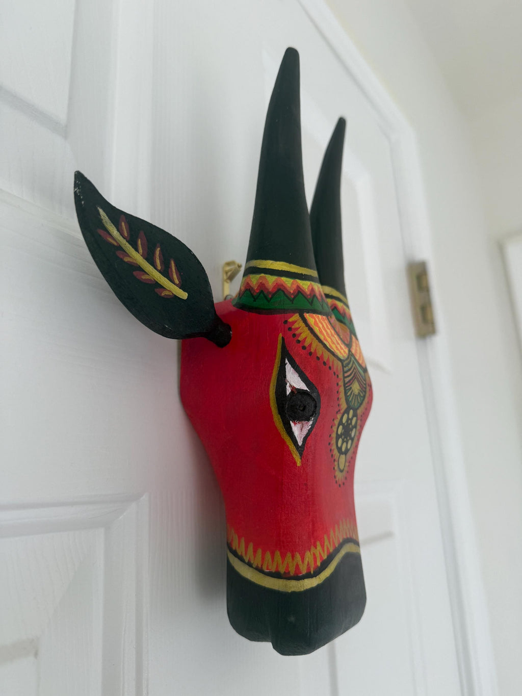 Mango Wood Indian Wall art Bull heads in Red and Black featuring Chettinad Style