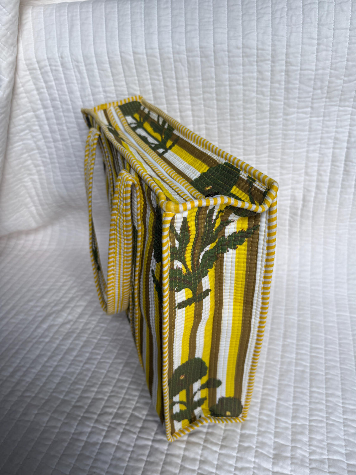 Sun & Bloom Tote — Yellow Stripe Floral Market Bag | 18” x 18”