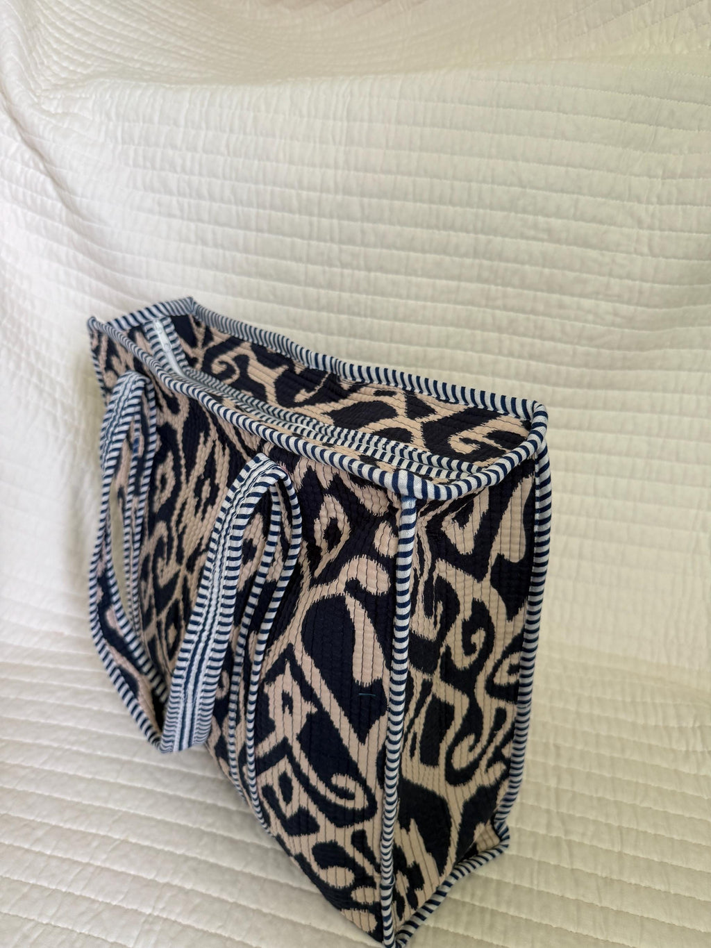Black and Beige Quilted Cotton Tote Bag |  Market Bag | 18” x 18”