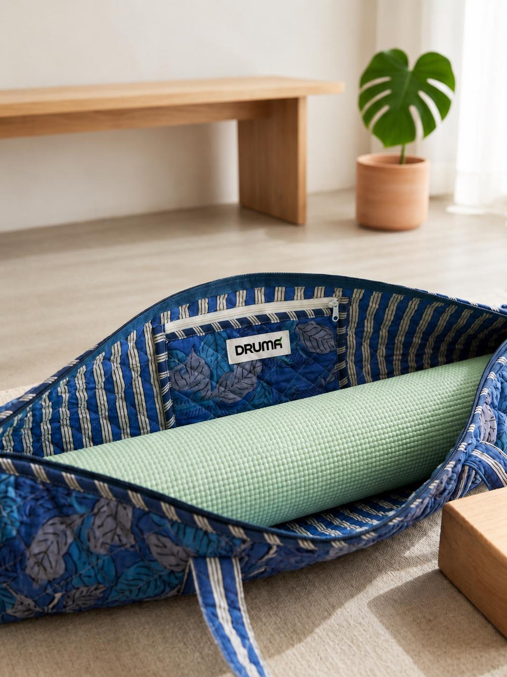 Quilted Cotton Blue Yoga Mat Bag, Block Print Boho Gym Tote, Pilates Carrier