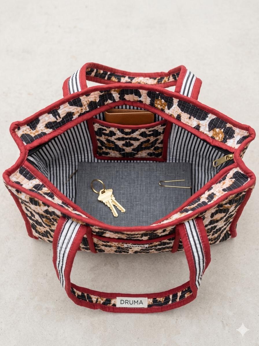 Quilted Cotton Leopard Print Mini Tote Bag, Boho Shoulder Travel Bag