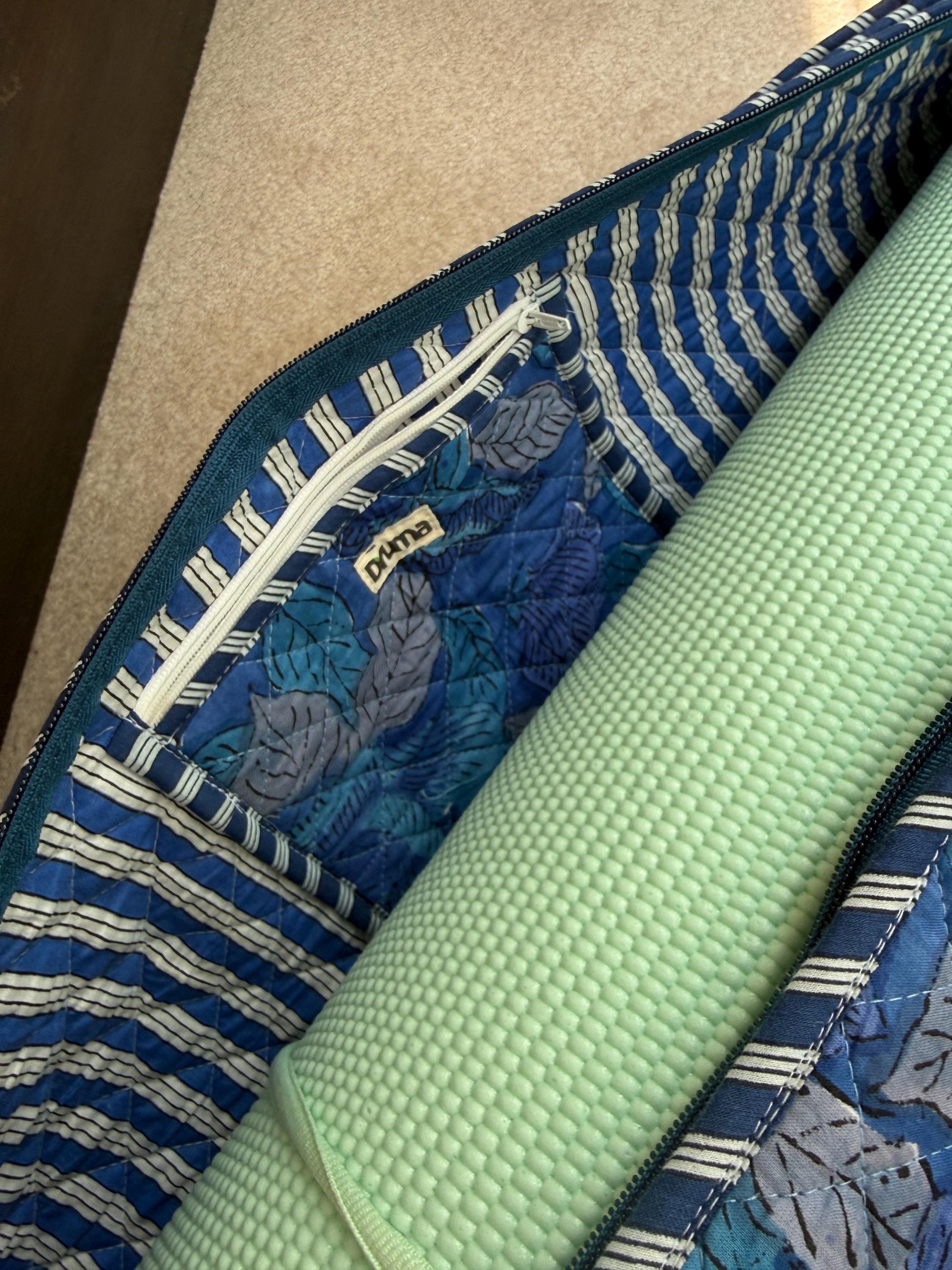 Quilted Cotton Blue Yoga Mat Bag, Block Print Boho Gym Tote, Pilates Carrier