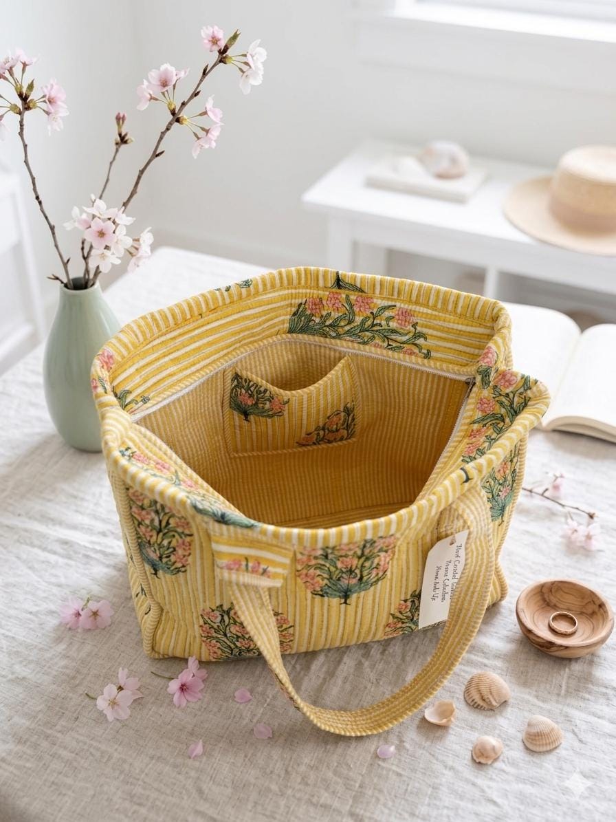 Sun & Shine Tote — Yellow Stripe Floral Market Bag | 18” x 18”