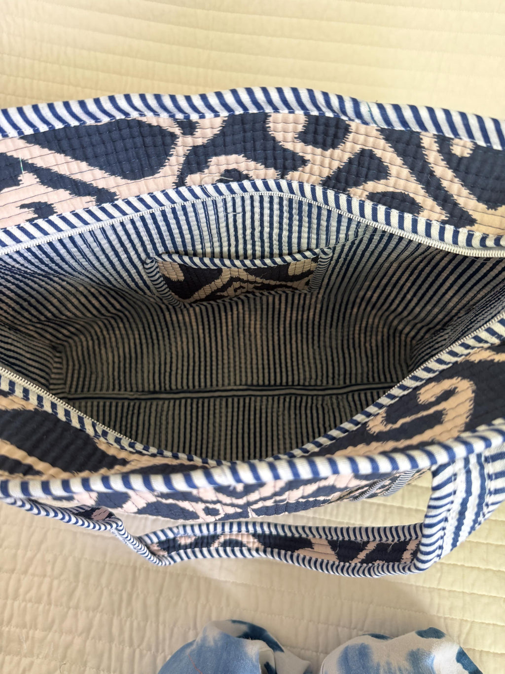 Black and Beige Quilted Cotton Tote Bag |  Market Bag | 18” x 18”
