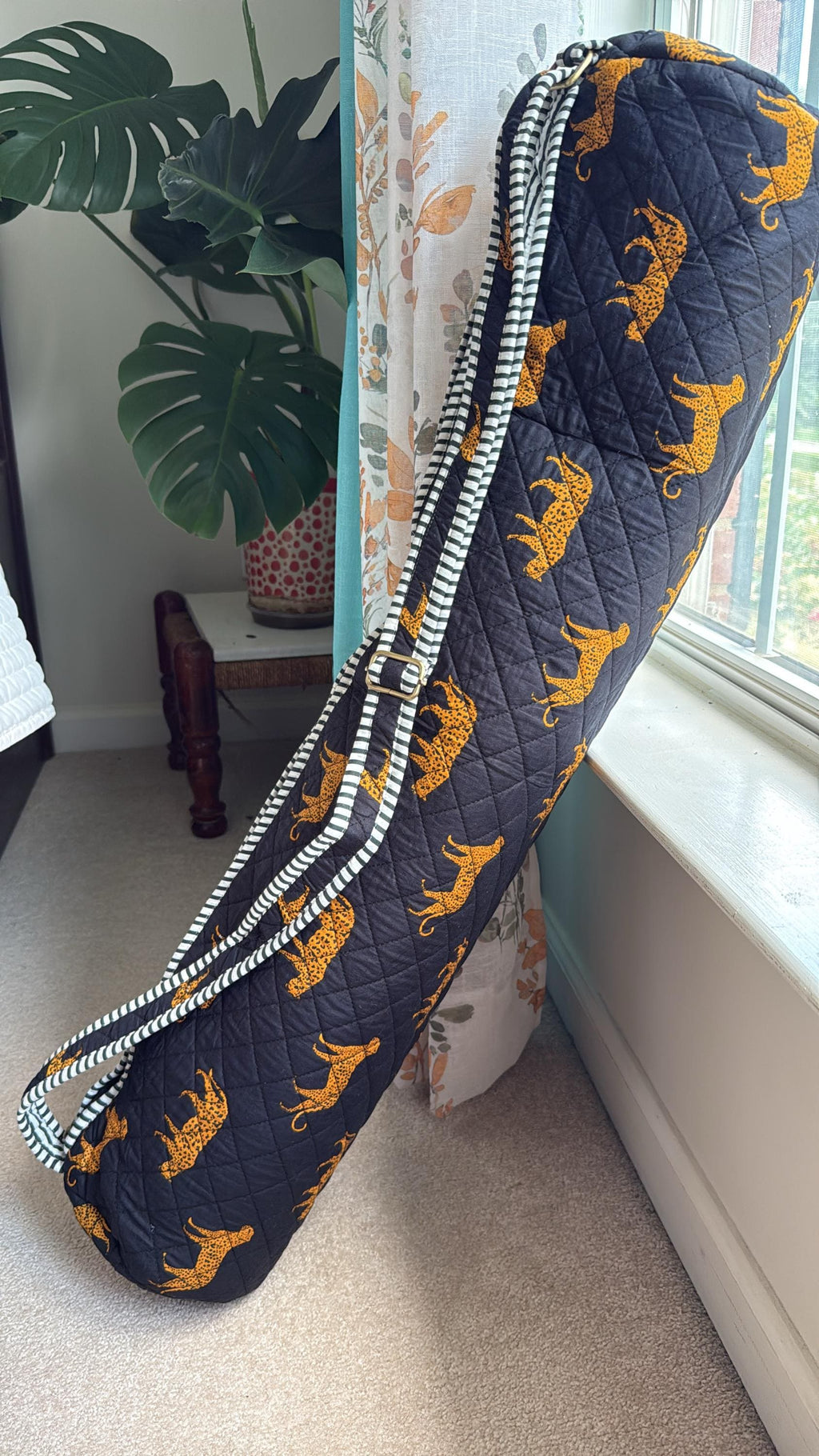 Quilted Cheetah Print Yoga Mat Bag, Boho Gym Tote, Pilates Carrier