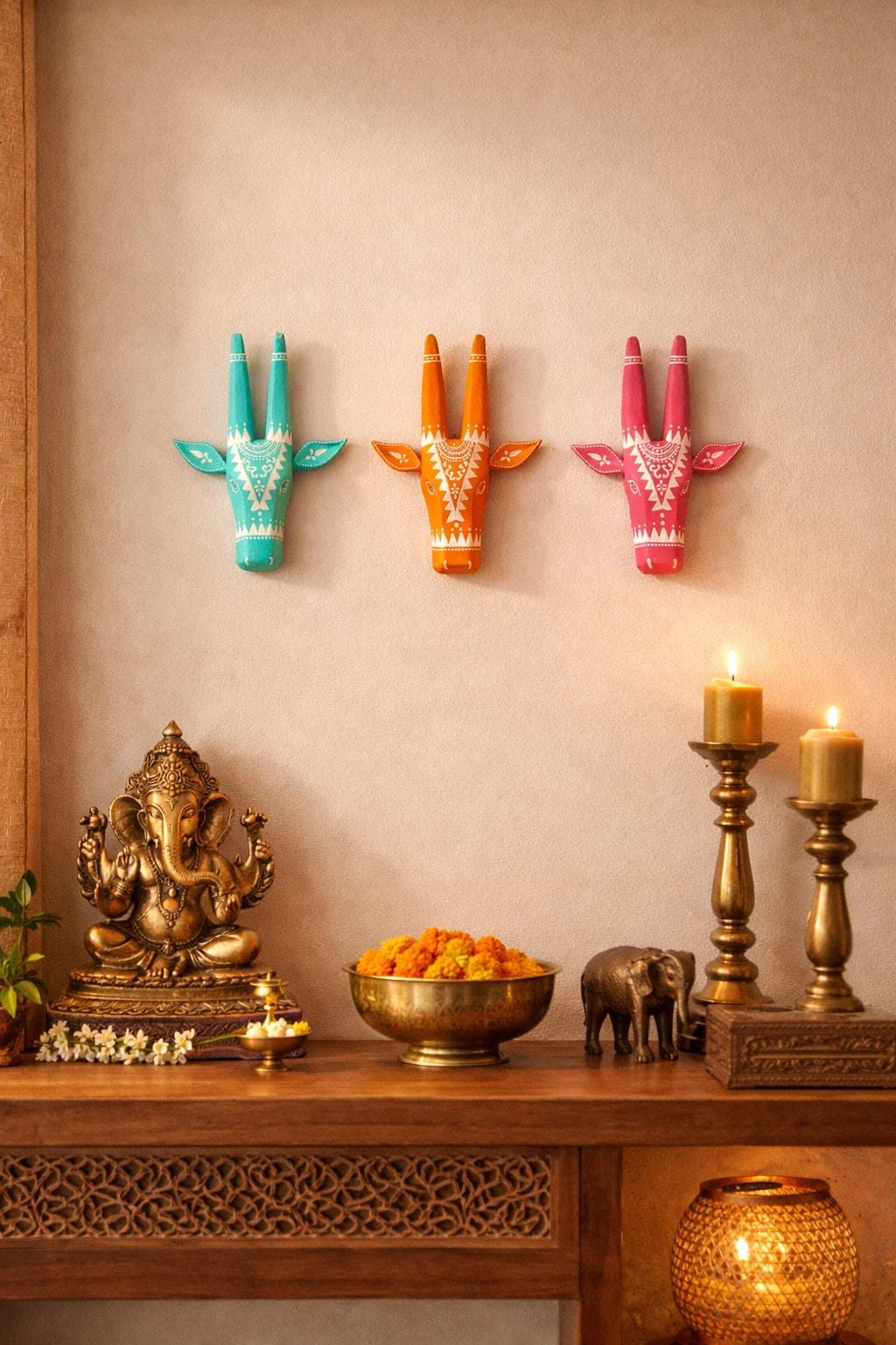 Set of 3 Mango Wood Bull Head Masks,Indian Folk Art Wall Hanging