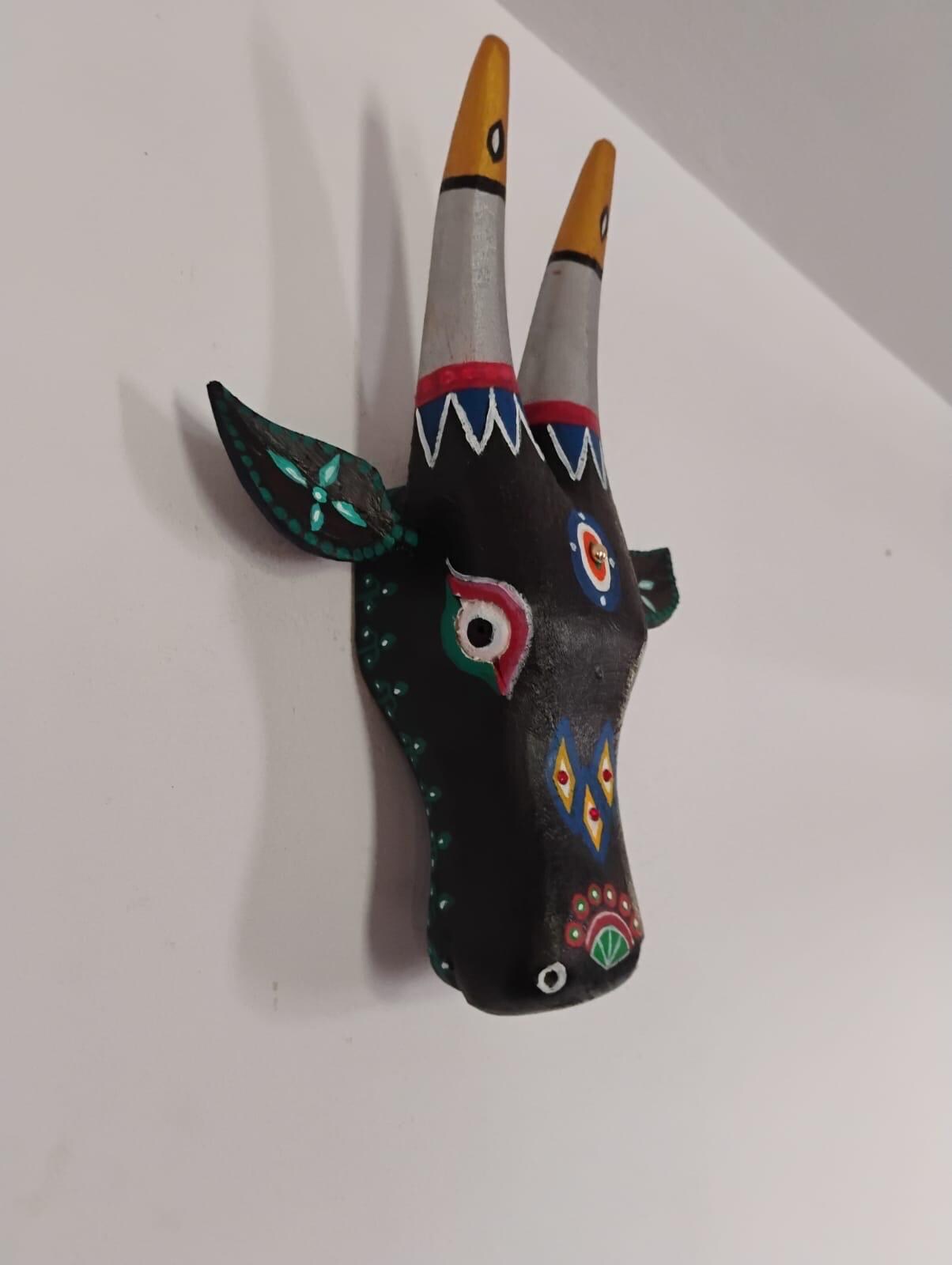 Mango Wood Bull Head Mask, Black & Green Indian Art Wall Hanging