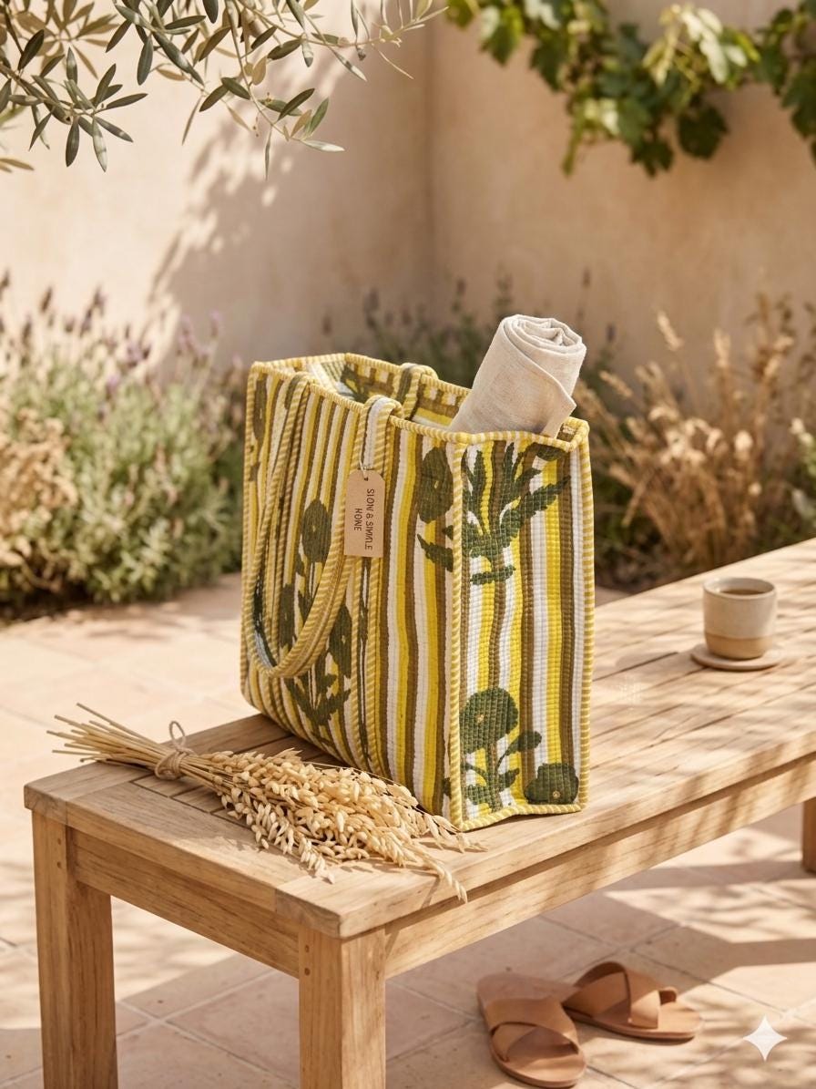 Sun & Bloom Tote — Yellow Stripe Floral Market Bag | 18” x 18”