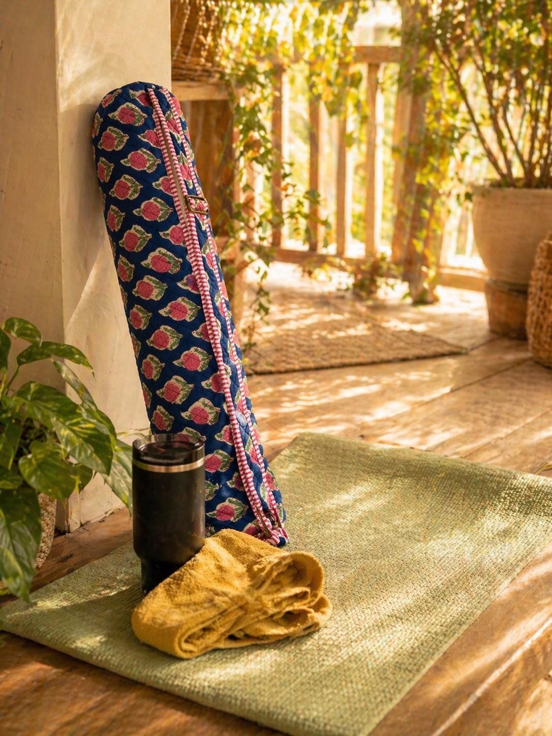 Quilted Block Print Yoga Mat Bag, Boho Gym Tote, Pilates Carrier,Gift for Mom