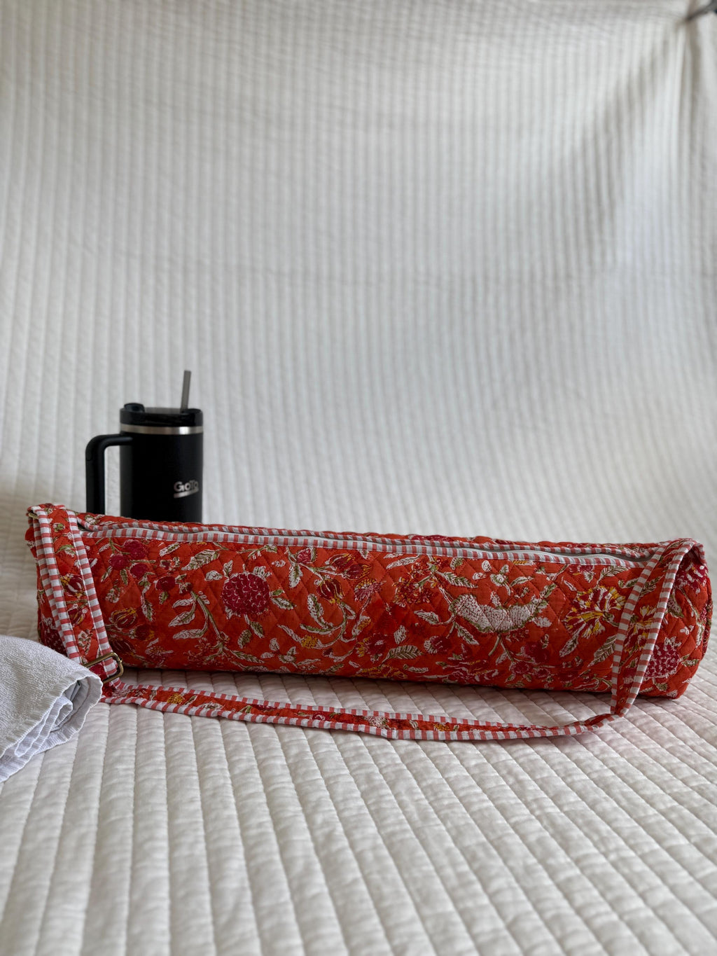 Quilted Cotton Yoga Mat Bag, Block Print Boho Gym Tote, Pilates Carrier
