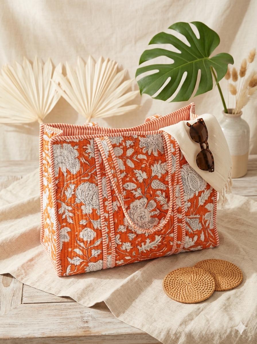 Orange Tote Bag |  Floral Market Bag | 18” x 18”