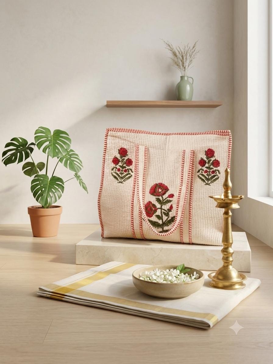 Handblock Printed Quilted Cotton Tote Bag | Onam Gift  Bag
