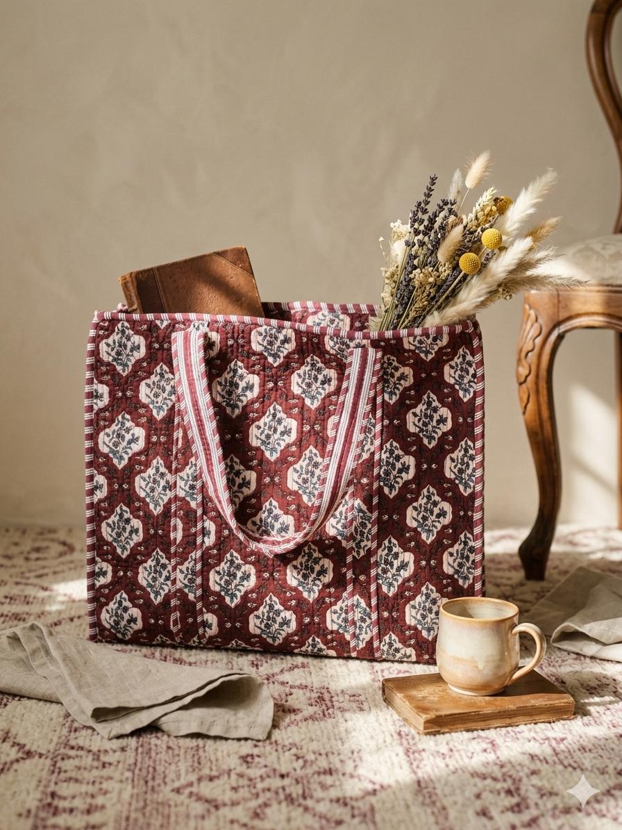 Quilted Cotton Tote Bag | Floral Print Market Bag 18” x 18”