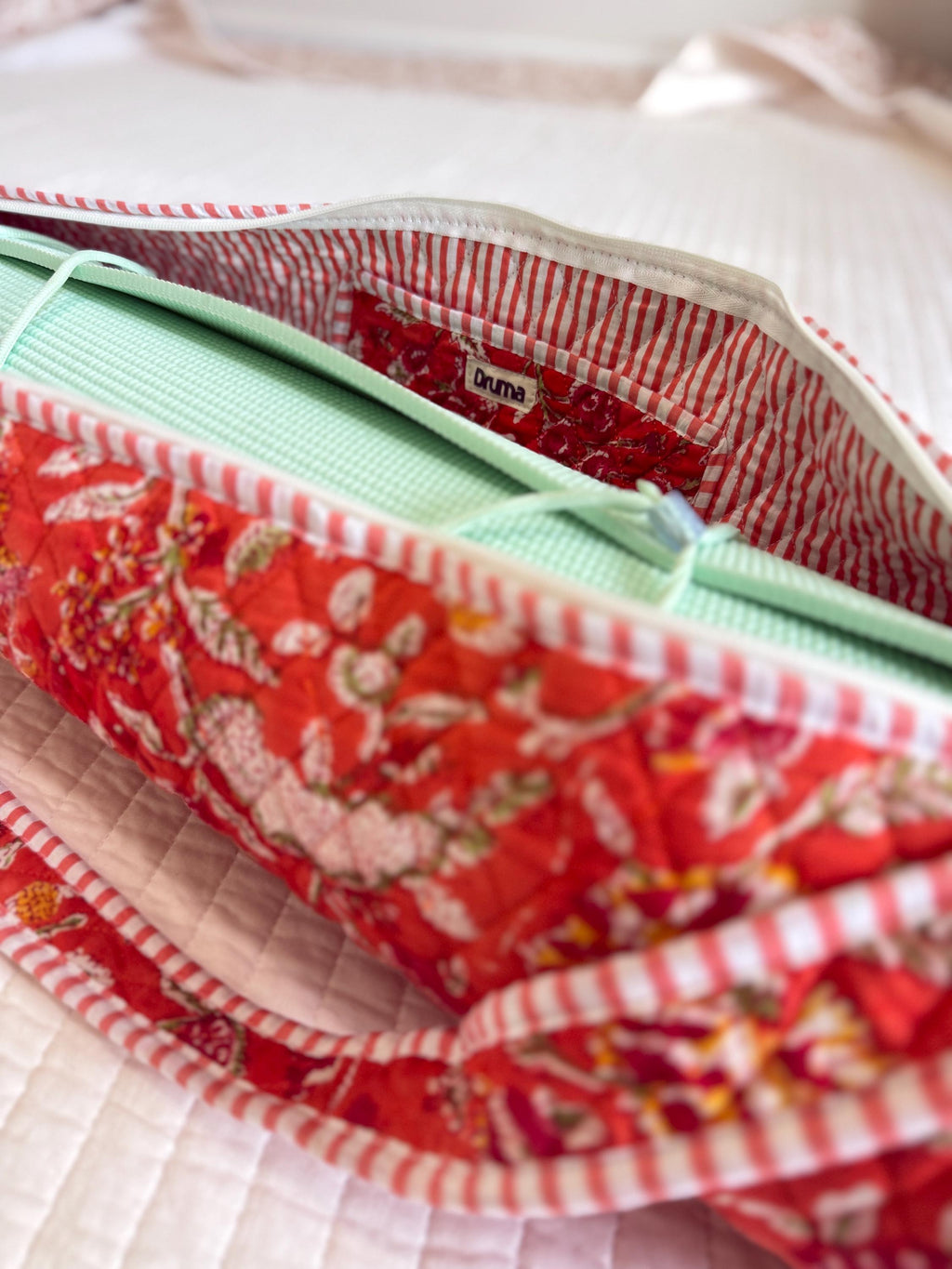 Quilted Cotton Yoga Mat Bag, Block Print Boho Gym Tote, Pilates Carrier