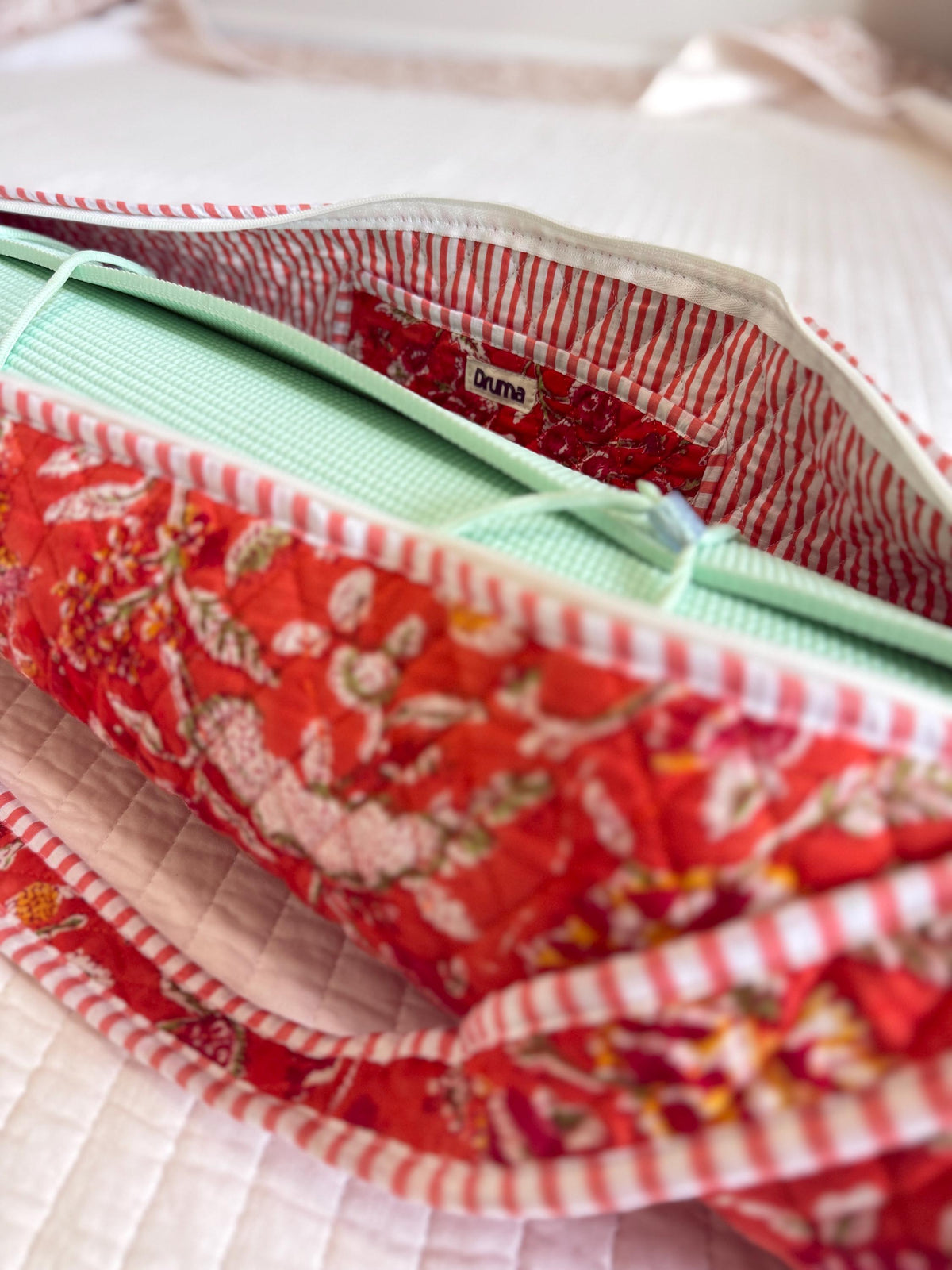 Quilted Cotton Yoga Mat Bag, Block Print Boho Gym Tote, Pilates Carrier