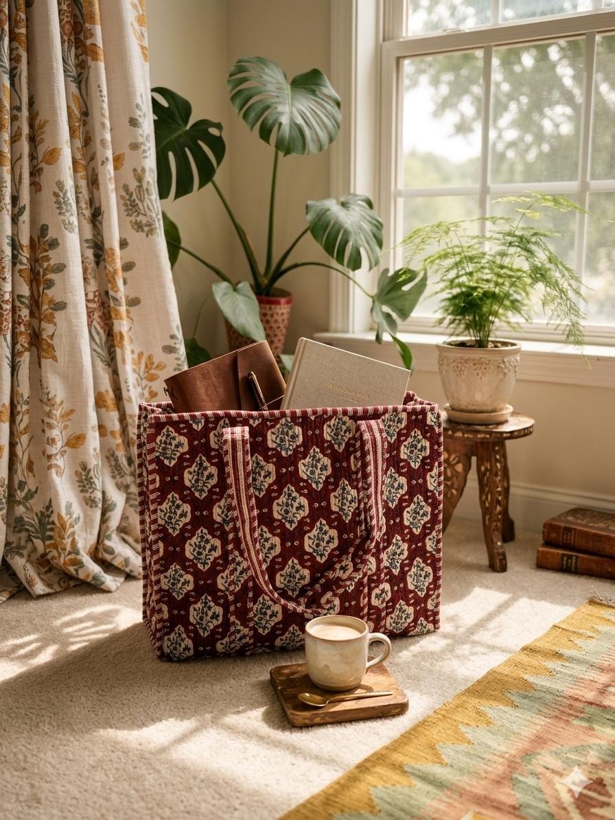 Quilted Cotton Tote Bag | Floral Print Market Bag 18” x 18”