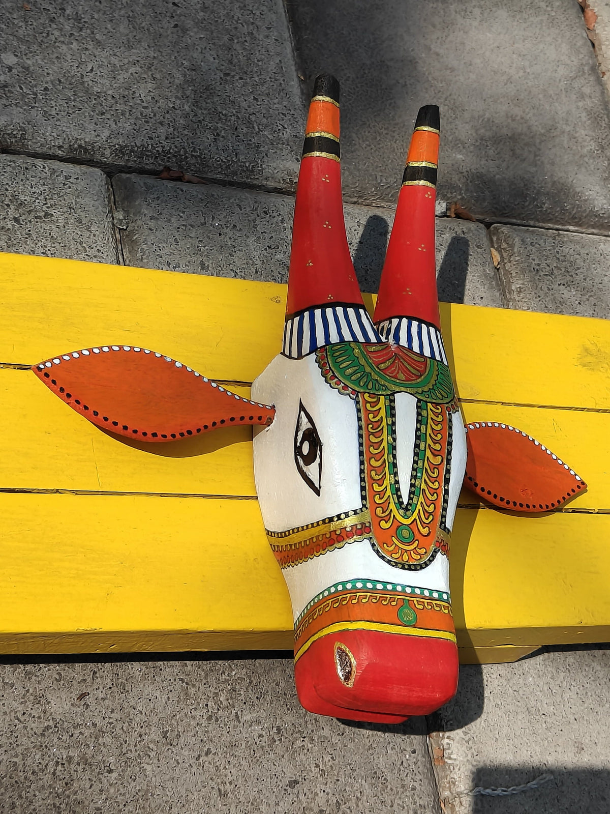 Mango Wood Bull Head White and Orange colour wall hanging in Indian traditional art Chettinad bull head masks In Jallikattu style