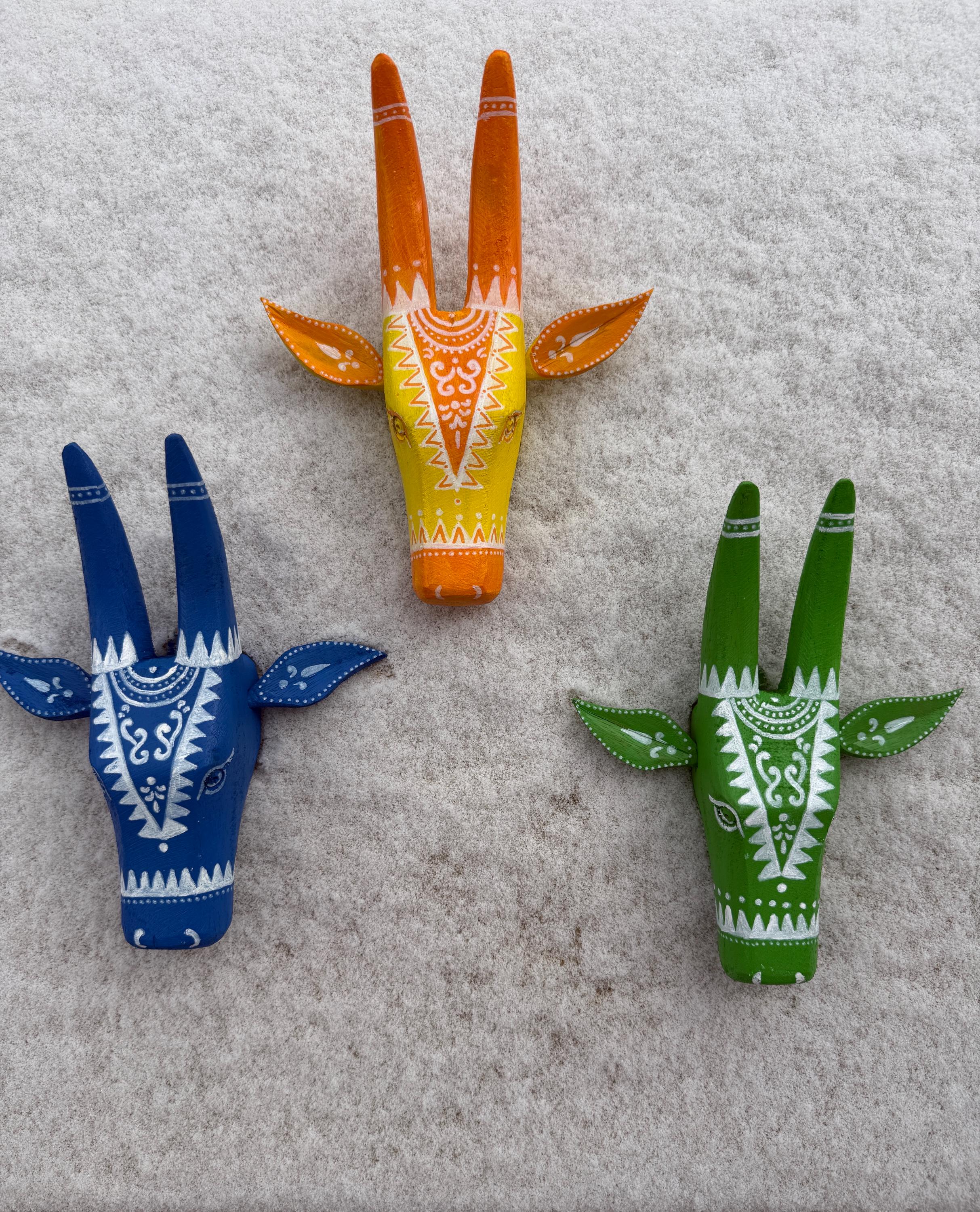 Set of 3 Mango Wood Bull Head Masks,Vibrant Indian Folk Art Wall Hanging