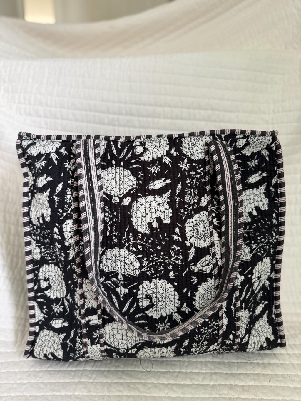 Black and White Quilted Cotton Tote Bag |  Market Bag | 18” x 18”