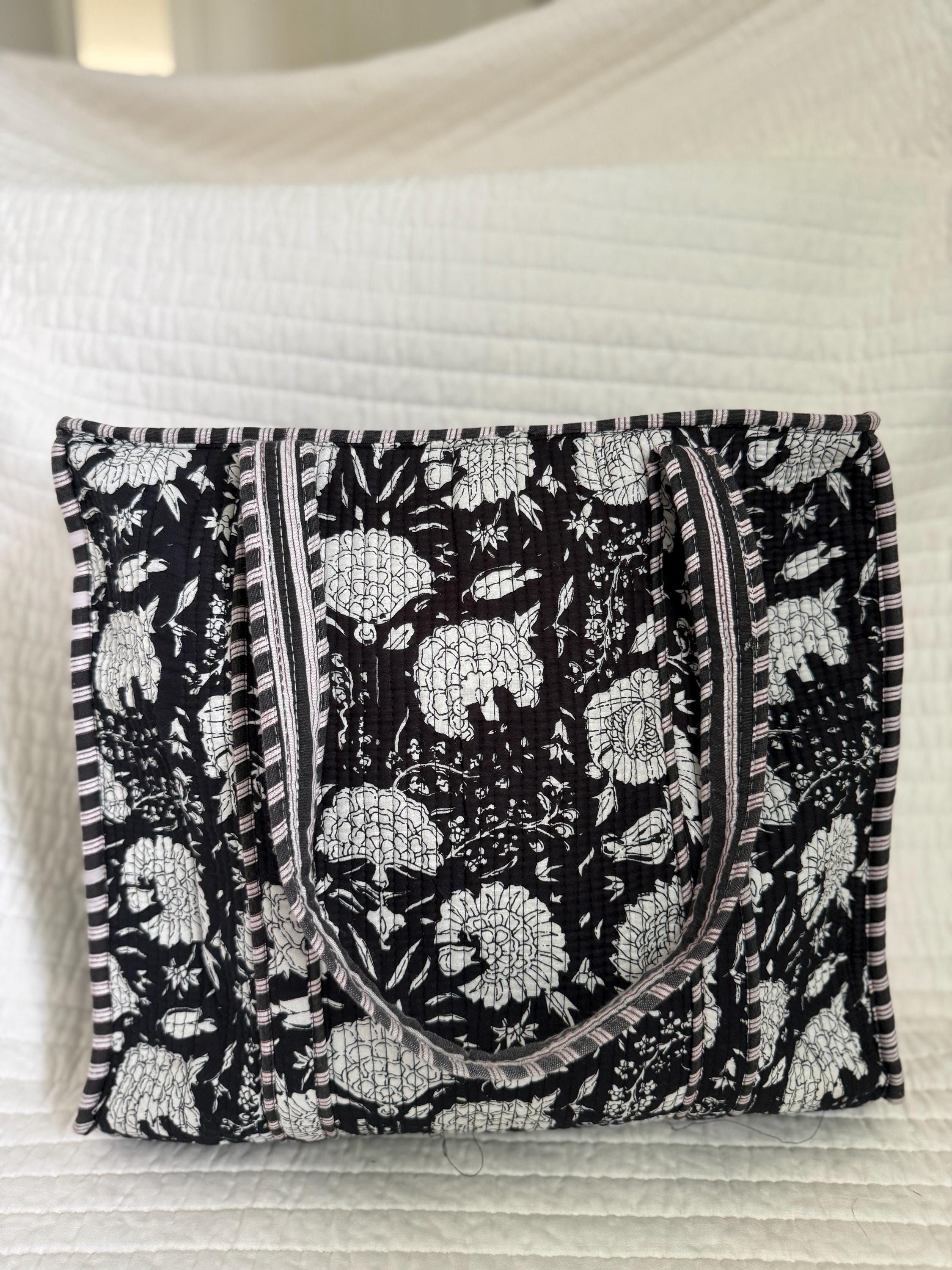 Black and White Quilted Cotton Tote Bag |  Market Bag | 18” x 18”