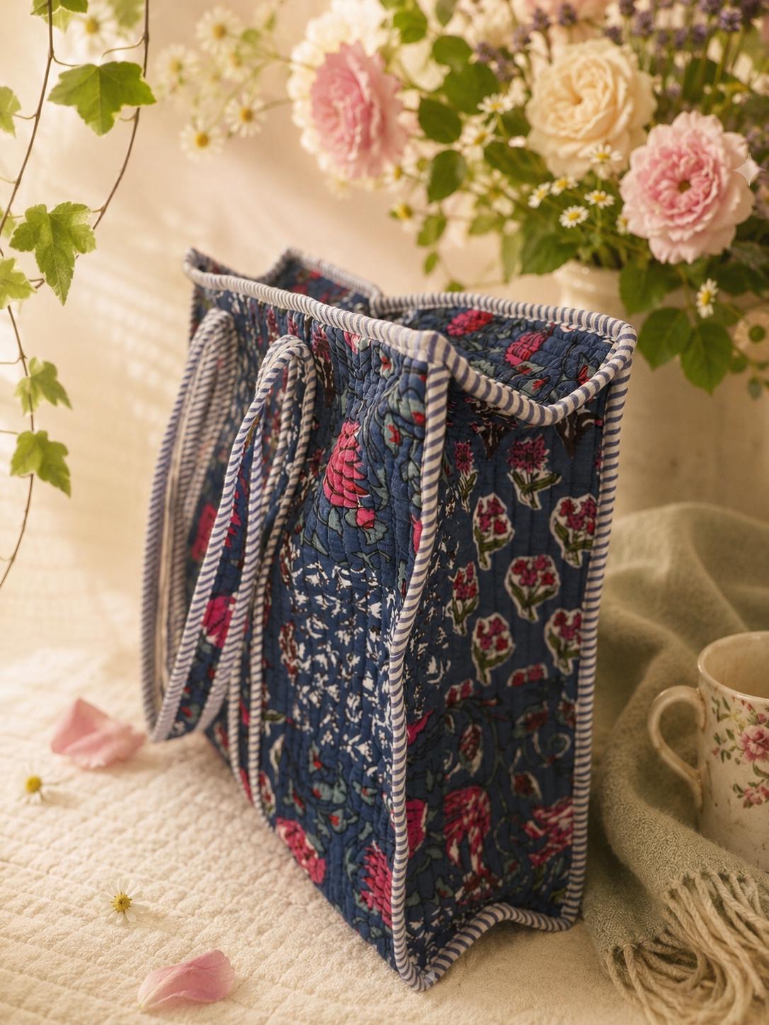 Indigo Patchwork Print Tote Bag |  Floral Market Bag | 18” x 18”