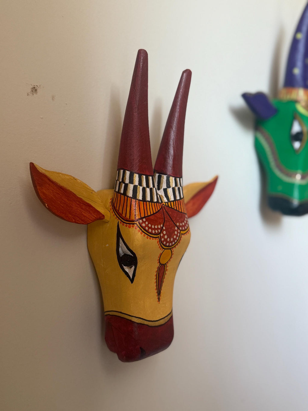 Mango Wood Indian Wall art Bull heads in Brown and Gold featuring Chettinad Style