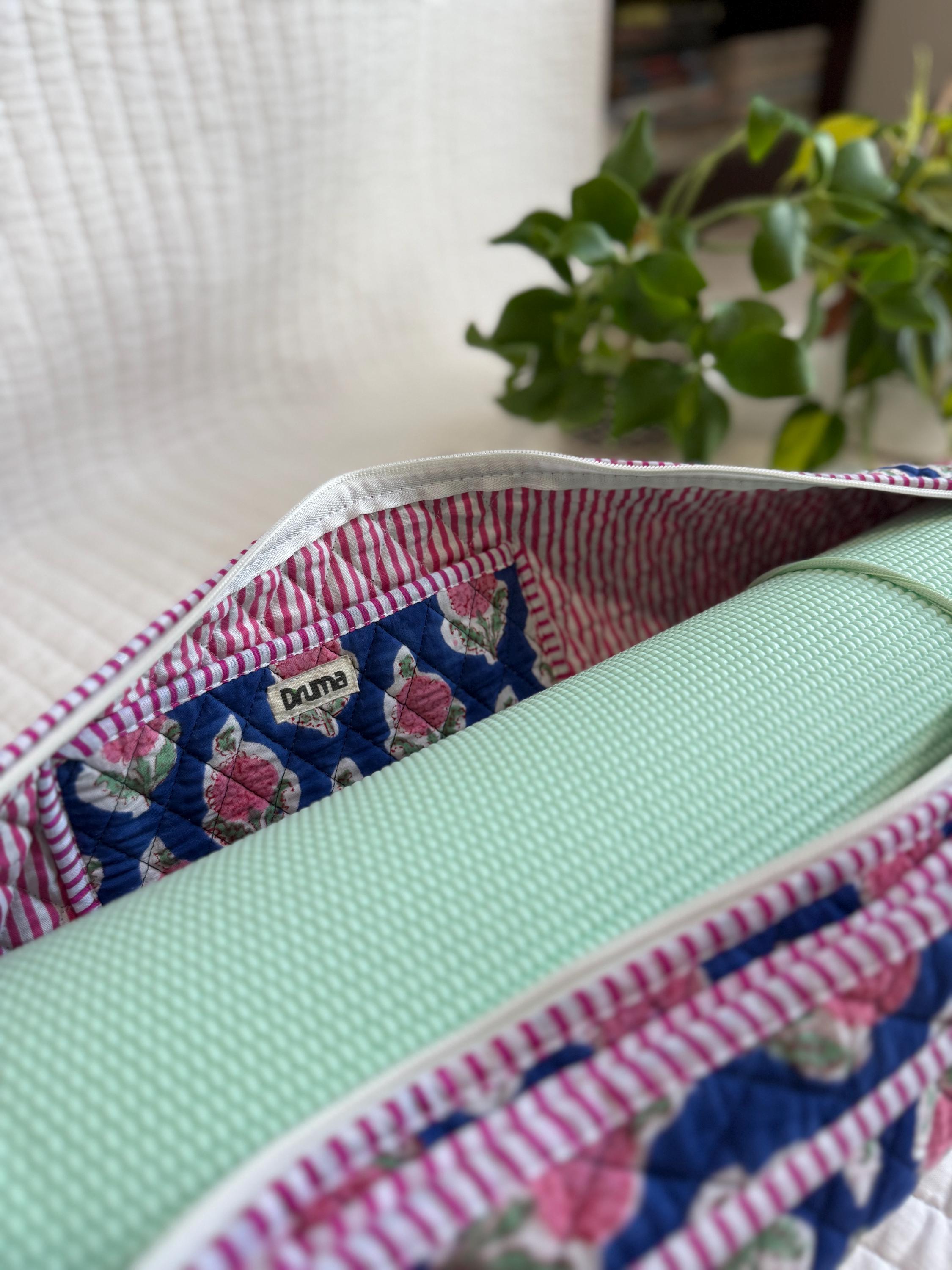 Quilted Block Print Yoga Mat Bag, Boho Gym Tote, Pilates Carrier,Gift for Mom