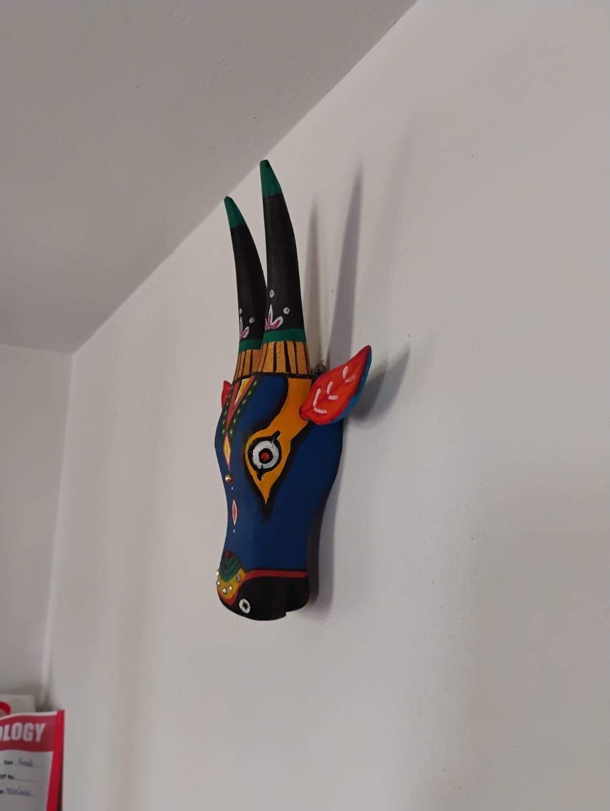 Mango Wood Bull Head Mask, Blue & Green Indian Art Wall Hanging