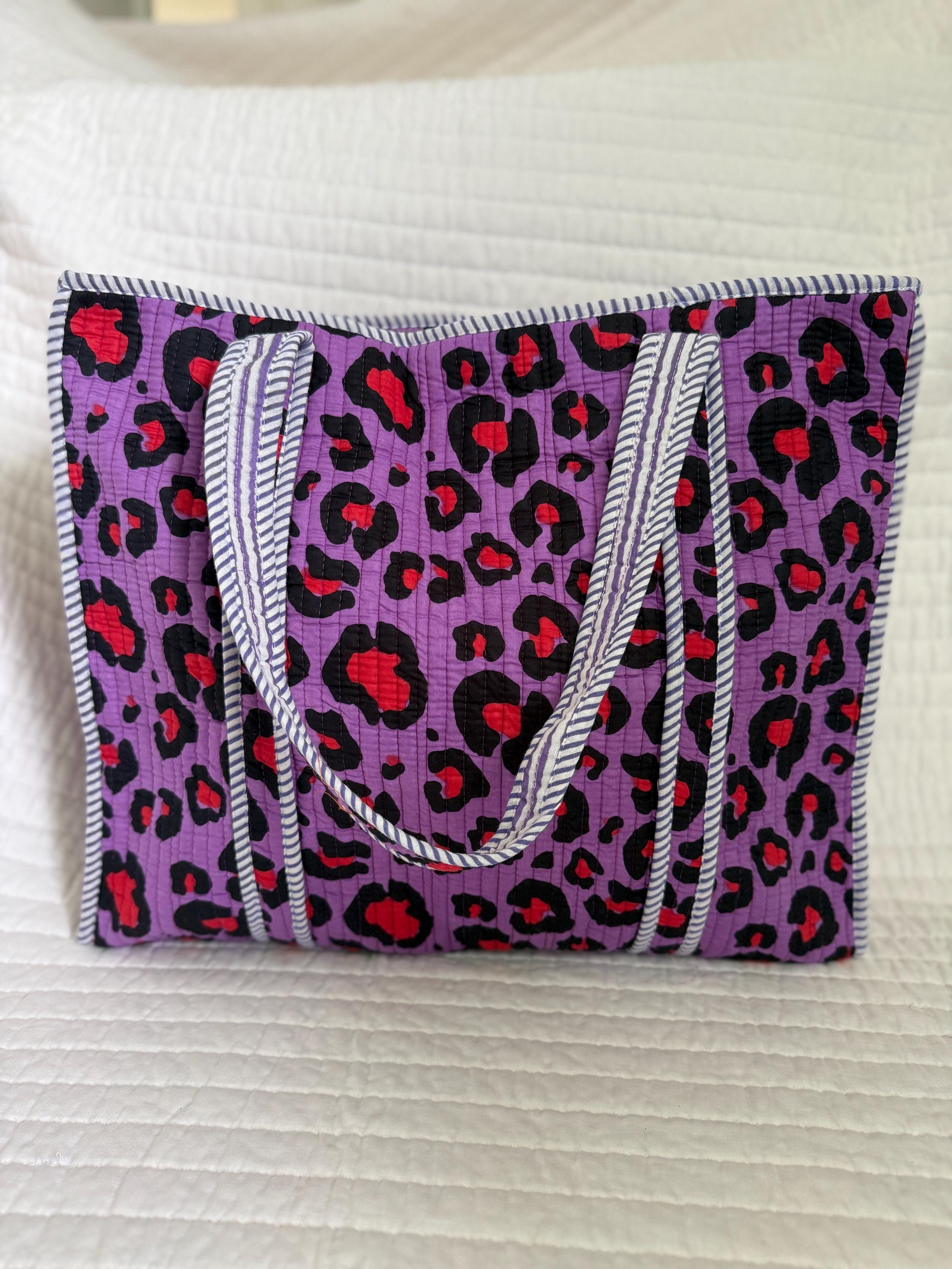 Purple Leopard Print Quilted Cotton Tote Bag |  Market Bag | 18” x 18”