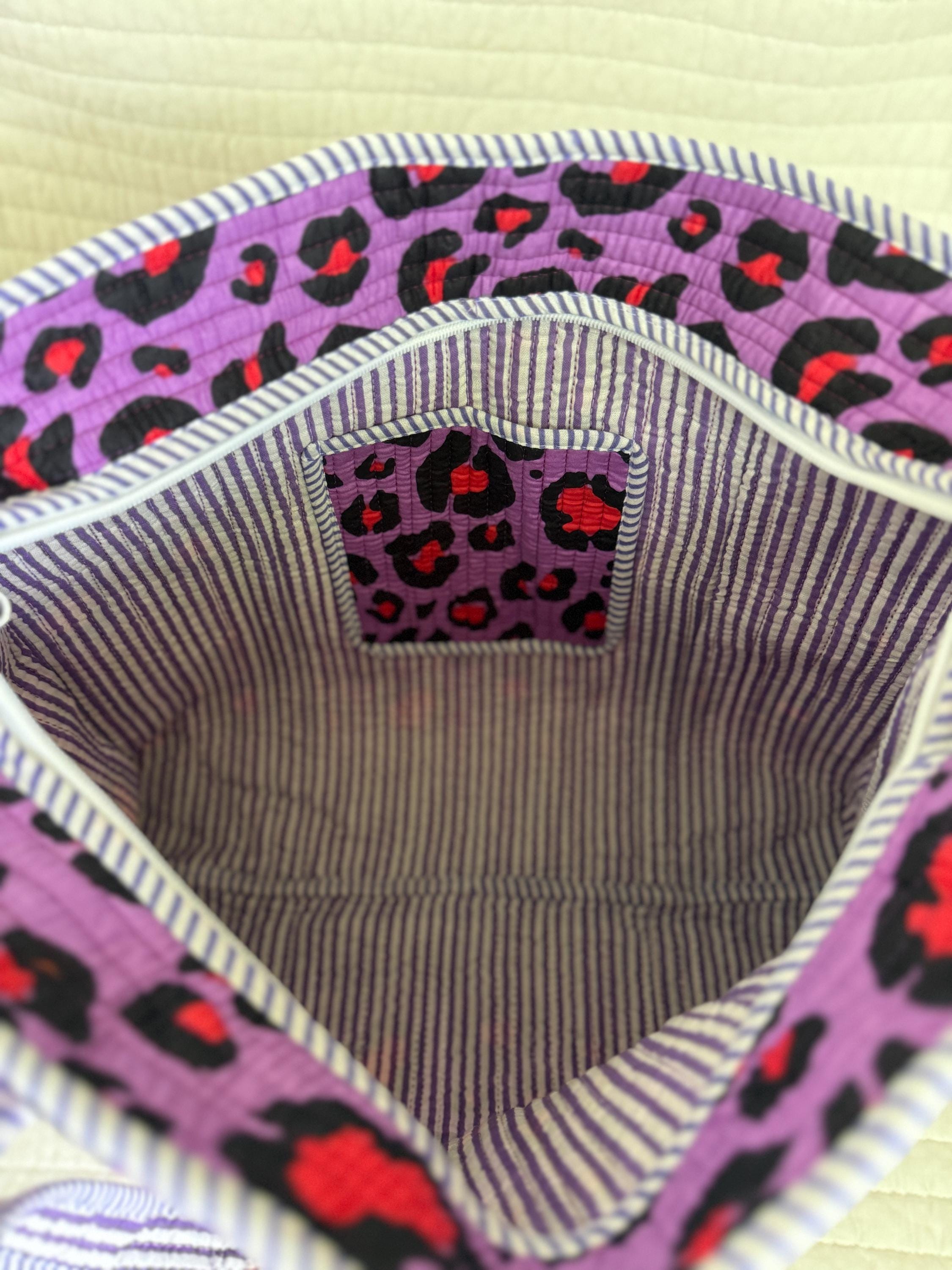 Purple Leopard Print Quilted Cotton Tote Bag |  Market Bag | 18” x 18”