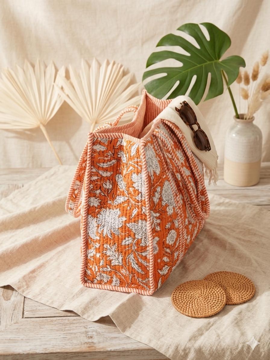 Orange Tote Bag |  Floral Market Bag | 18” x 18”