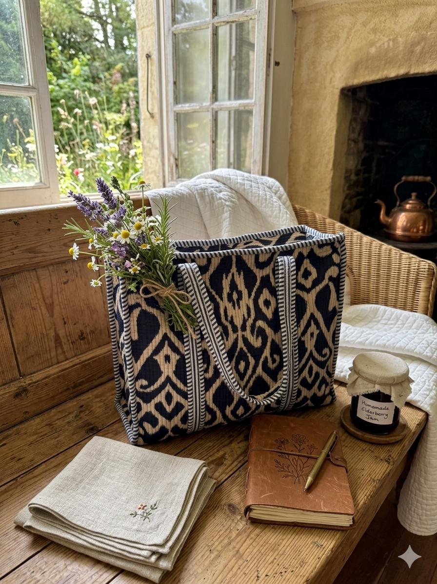 Black and Beige Quilted Cotton Tote Bag |  Market Bag | 18” x 18”
