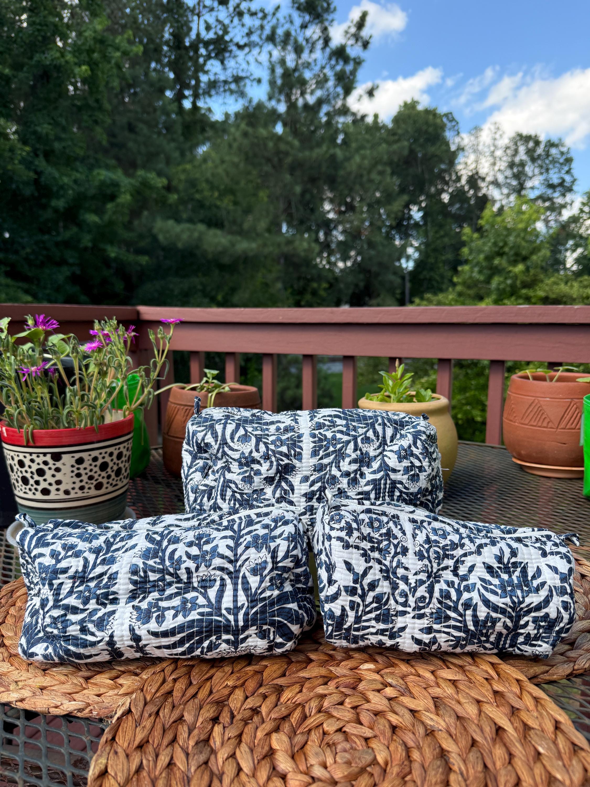 Quilted Cotton Handblock Printed Travel Pouches , Makeup Organizer