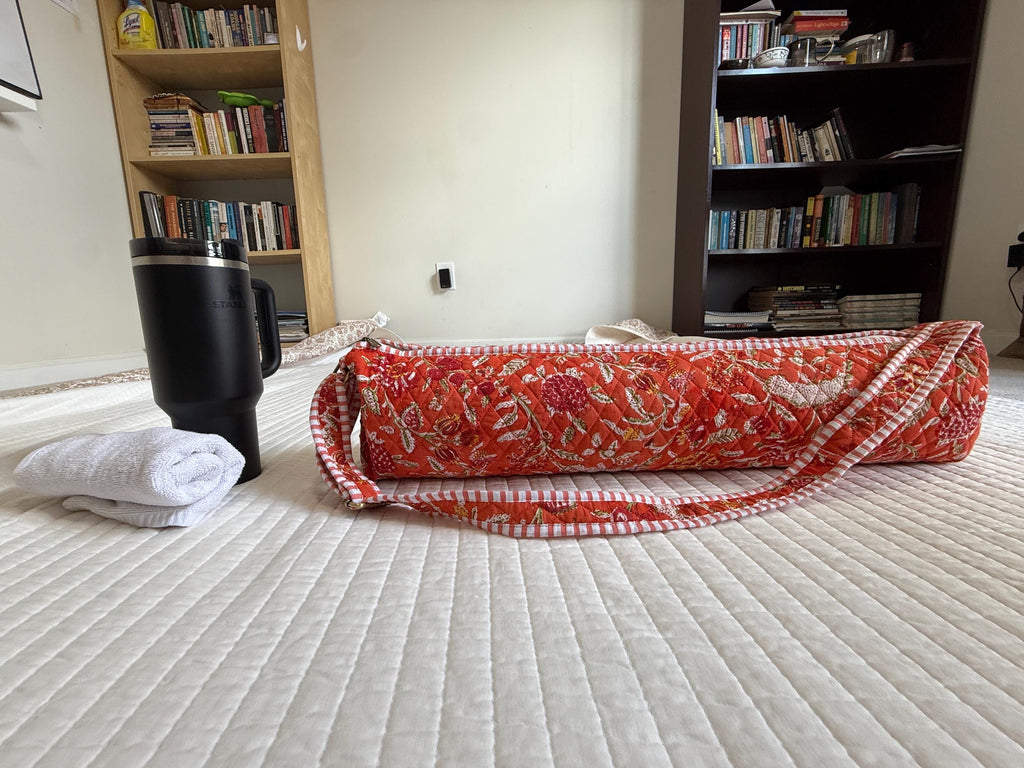 Quilted Cotton Yoga Mat Bag, Block Print Boho Gym Tote, Pilates Carrier