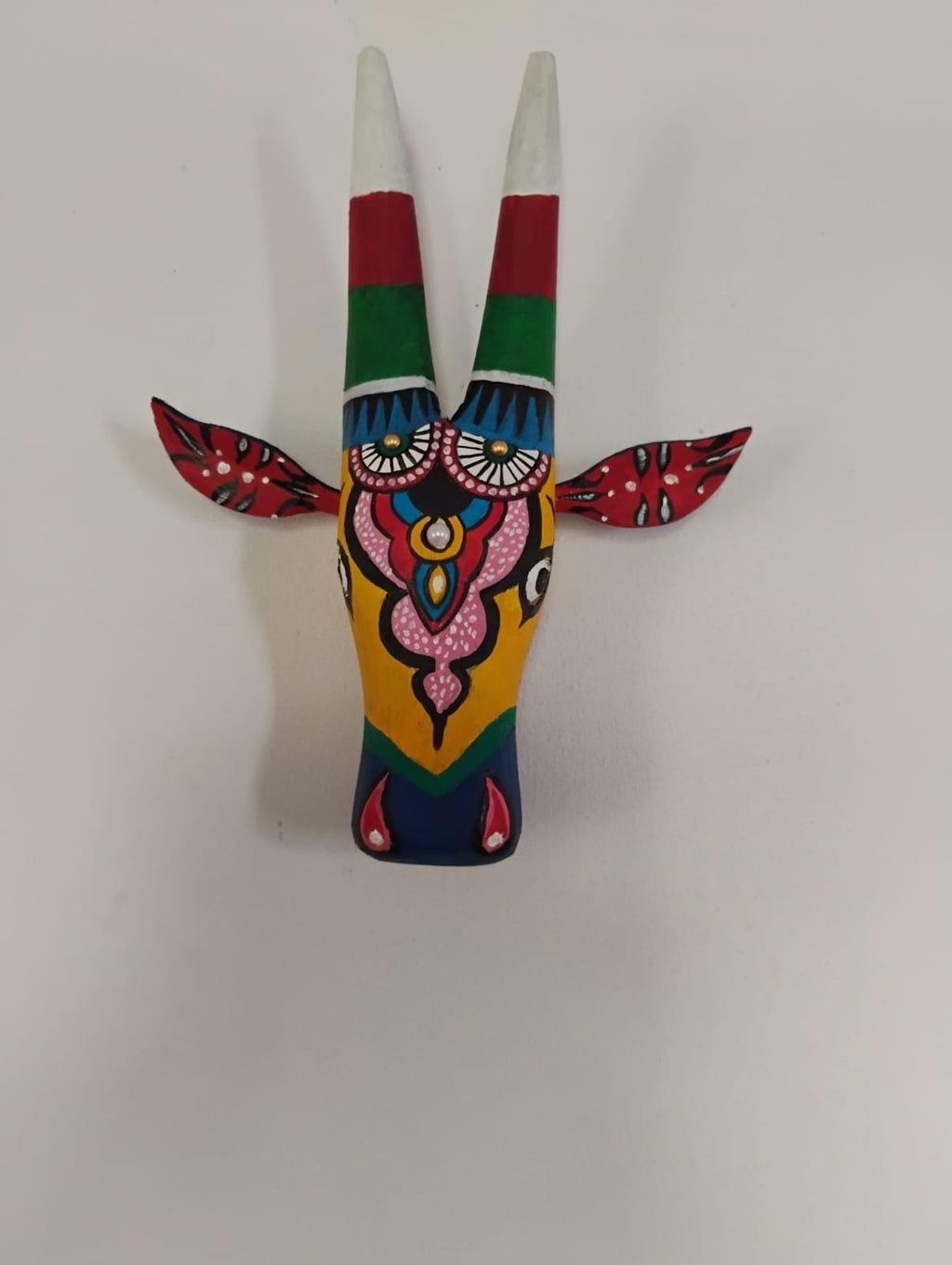 Mango Wood Bull Head Mask, Yellow & Red Indian Art Wall Hanging