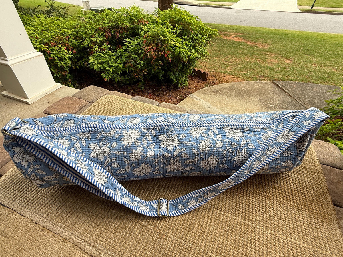 Quilted Cotton Yoga Mat Bag, Block Print Boho Gym Tote, Pilates Carrier