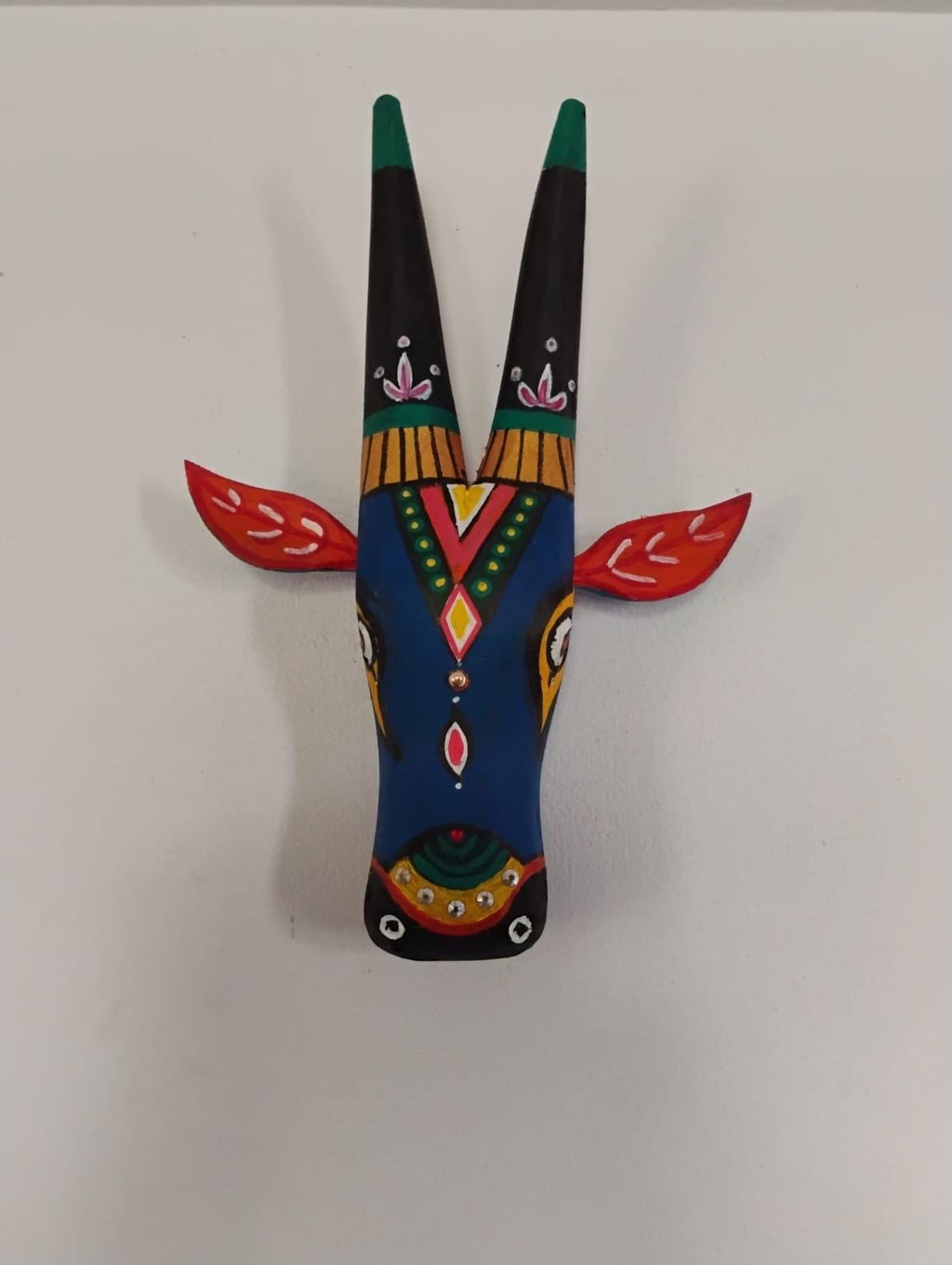 Mango Wood Bull Head Mask, Blue & Green Indian Art Wall Hanging