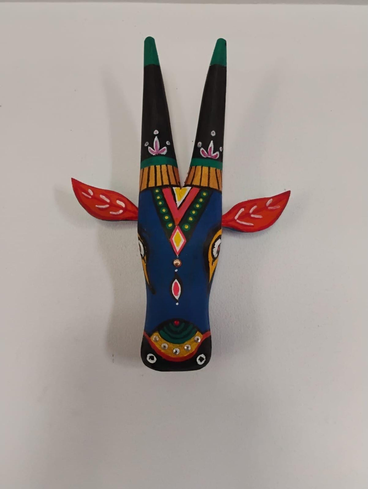Mango Wood Bull Head Mask, Blue & Green Indian Art Wall Hanging